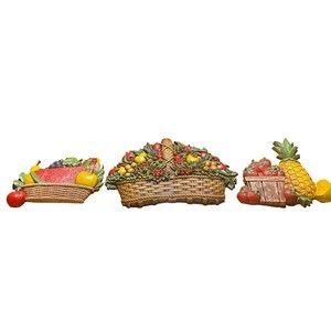 Vintage Homco Country Farmhouse Basket Of Fruit Wall Art Plaques 1970's Set Of 3